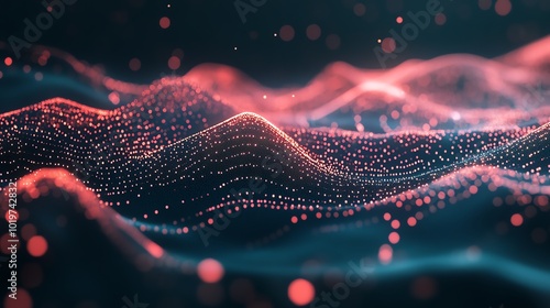 Abstract digital wave with flowing particles and glowing lines in red and blue tones. Futuristic data visualization background.