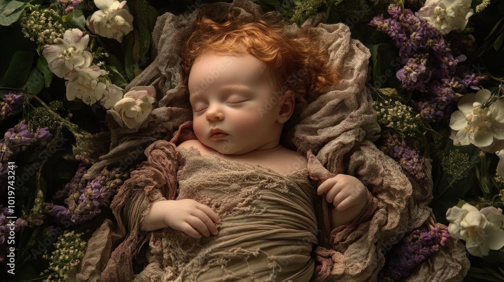 A serene sleeping baby surrounded by flowers, evoking a sense of peace and innocence. A serene sleeping baby surrounded by flowers, evoking a sense of peace and innocence.