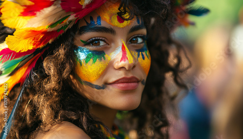 Close-up shots of people with colorful festival costumes and face paint, emphasizing creativity and celebration