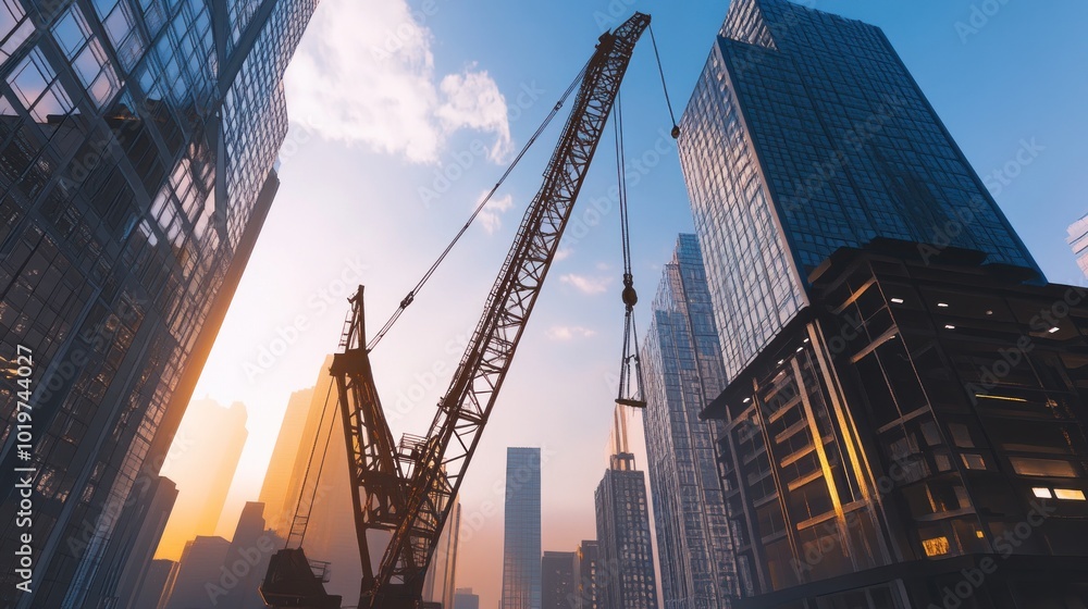 Fototapeta premium Construction Crane Silhouette Against City Skyline