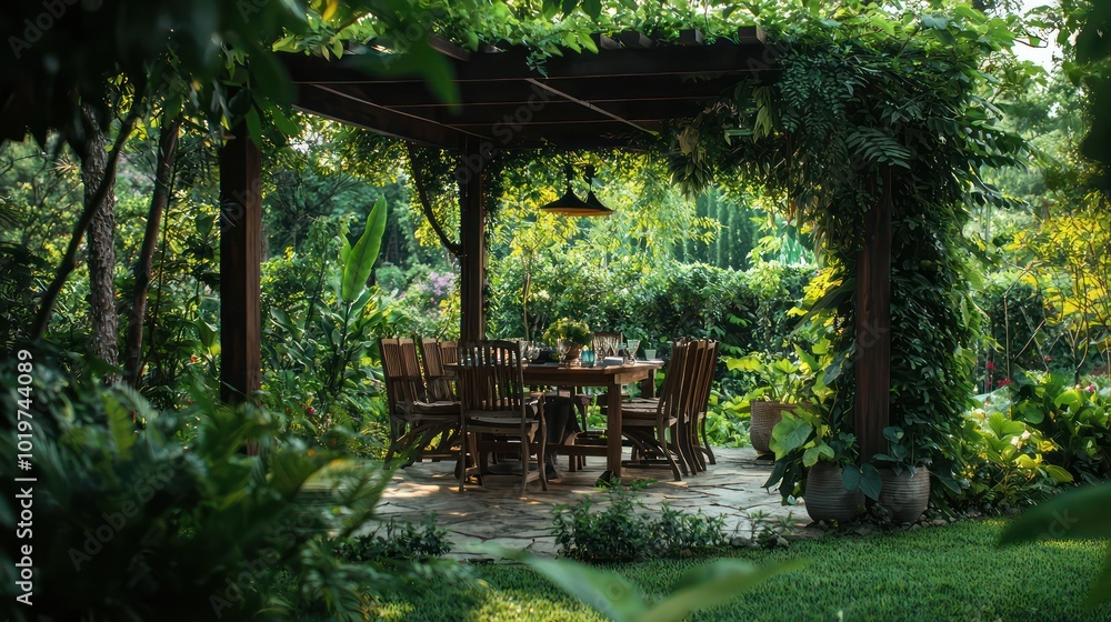 Natural ambiance for dining under a pergola covered in greenery encircled by trees. Natural ambiance for dining under a pergola covered in greenery encircled by trees.