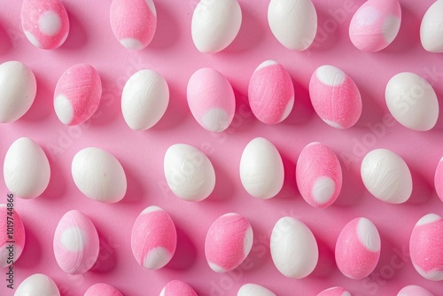 A pattern of small pink and white candy eggs on a pastel background, flat lay, minimal concept