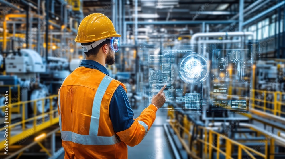 A worker interacts with digital technology in an industrial setting. A worker interacts with digital technology in an industrial setting.