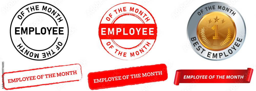 Obraz premium Employee of the month emblem appreciation awards best worker medal stamp colorful sticker grunge texture design icon set collection