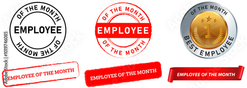 Employee of the month emblem appreciation awards best worker medal stamp colorful sticker grunge texture design icon set collection