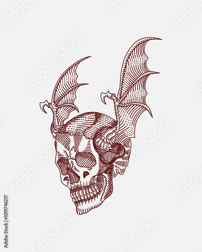 Wild imajination in vector illustration concept of chimera skull with bat wings