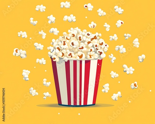 vector art Popcorn in red and white striped paper box isolated on yellow background