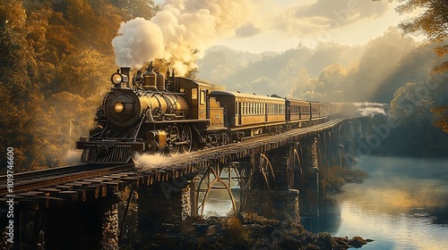 steam locomotive passes over a scenic bridge spanning a wide, crystal-clear river with golden sunlight bathing the landscape  photo