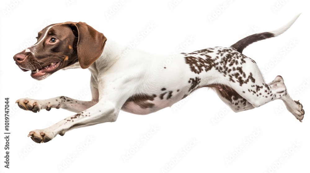 A playful dog leaps in mid-air, showcasing its agility and energy. A playful dog leaps in mid-air, showcasing its agility and energy.