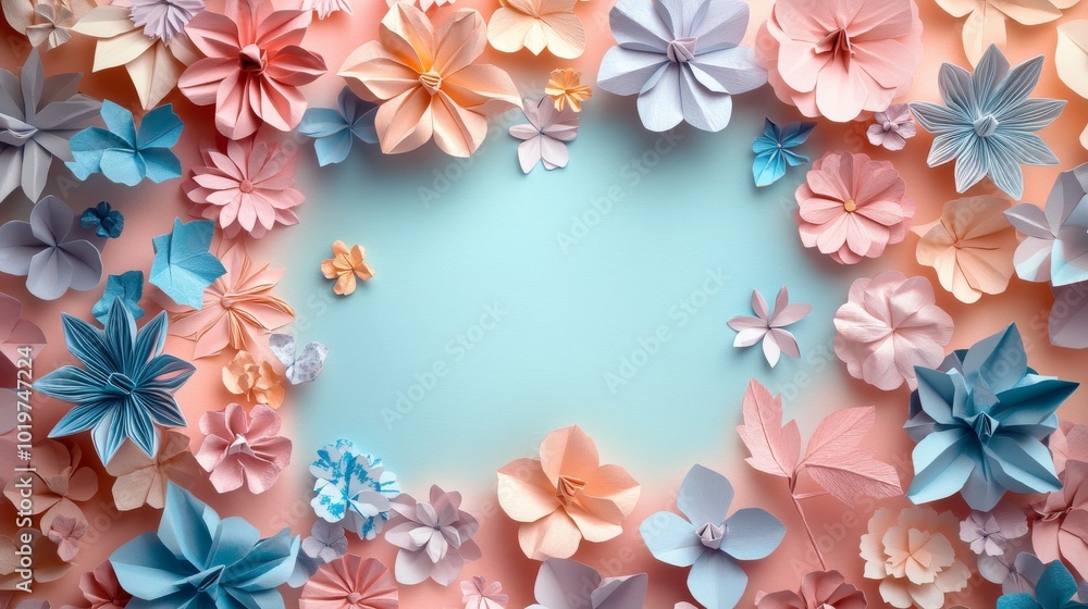 Paper Flower Arrangement with a Light Blue and Pink Background Paper Flower Arrangement with a Light Blue and Pink Background