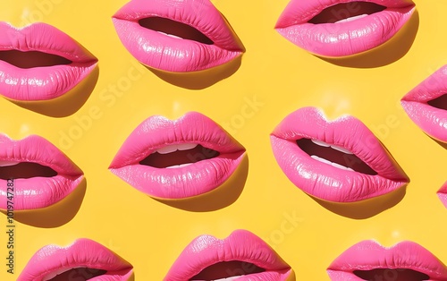Seamless pattern of pink lips on a yellow background. Fashionable and trendy background with many open-mouth expressions