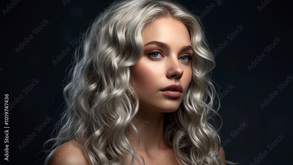 Modern Hairstyle: Regal Silver-Blond Curls Captured in Soft Lighting Modern Hairstyle: Regal Silver-Blond Curls Captured in Soft Lighting