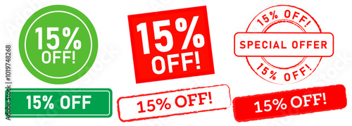 15 percent off promotion advertisement emblem offering shop marketing retail ads limited offer stamp sticker grunge colorful badge design icon set collection