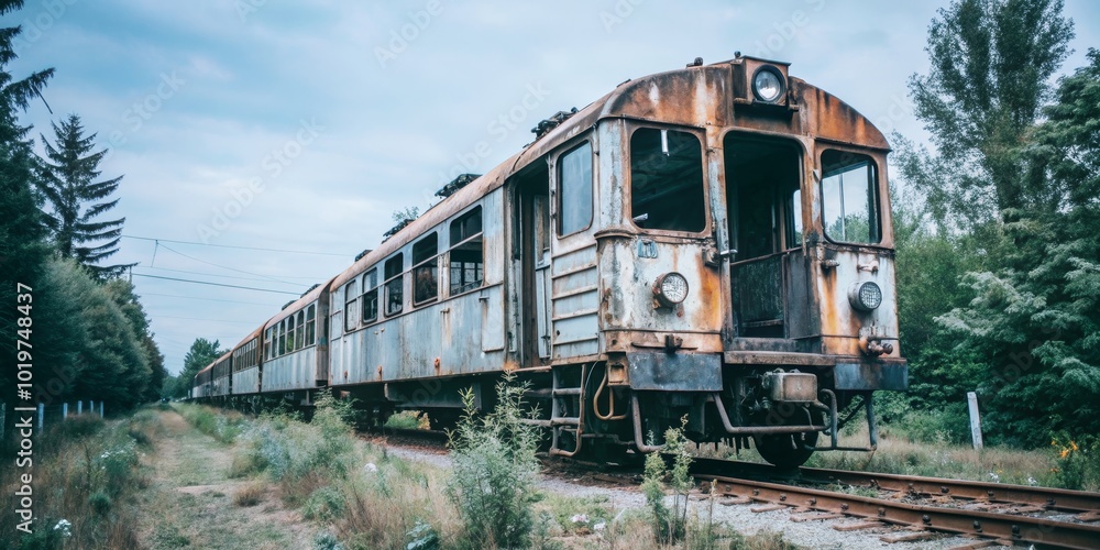 Old abandoned train in a rusted, overgrown railway yard , vintage, decay, derelict, forgotten, transportation, rust