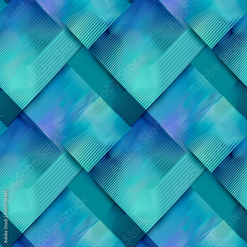 Geometric abstract pattern with intersecting diagonal lines and layered gradients in vibrant turquoise and blue tones. Seamless background