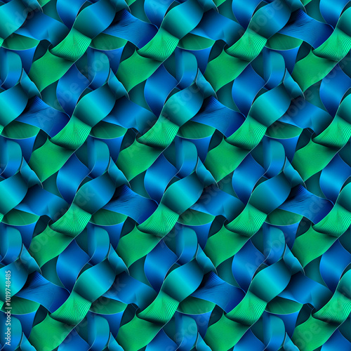 Geometric abstract pattern with intersecting diagonal lines and layered gradients in vibrant turquoise and blue tones. Seamless background