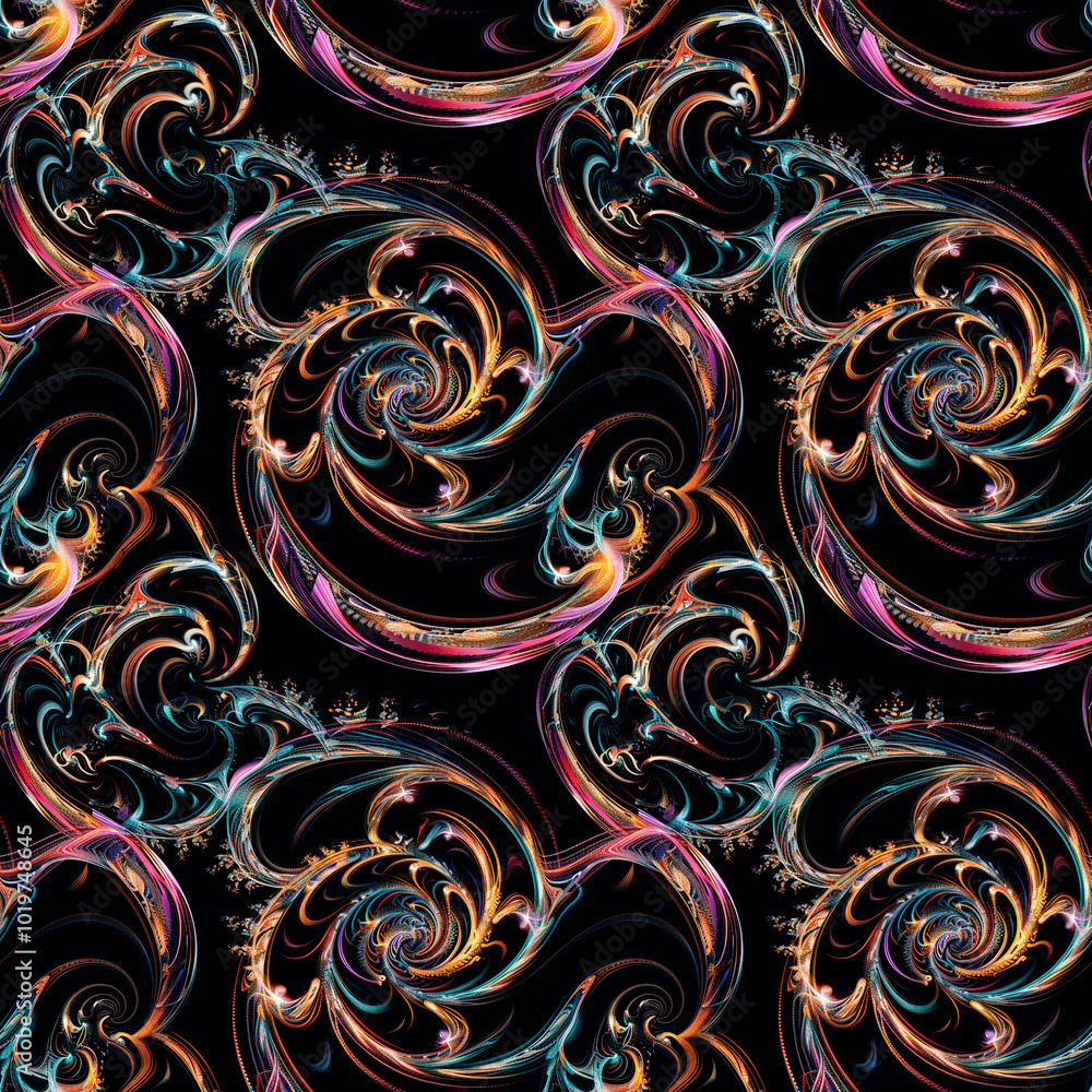 Complex fractal background in vibrant colors of blue, orange and purple with swirling patterns. Seamless background Complex fractal background in vibrant colors of blue, orange and purple with swirling patterns. Seamless background