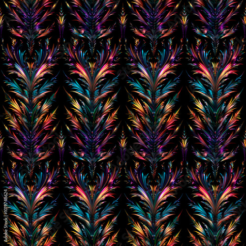 Complex fractal background in vibrant colors of blue, orange and purple with swirling patterns. Seamless background