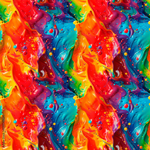 Bright abstract background with splashes of colorful paint in dynamic movement, with bright shades of yellow, pink, blue and green. Seamless background