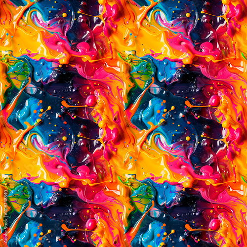 Bright abstract background with splashes of colorful paint in dynamic movement, with bright shades of yellow, pink, blue and green. Seamless background