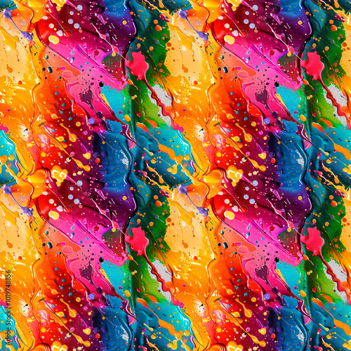 Bright abstract background with splashes of colorful paint in dynamic movement, with bright shades of yellow, pink, blue and green. Seamless background