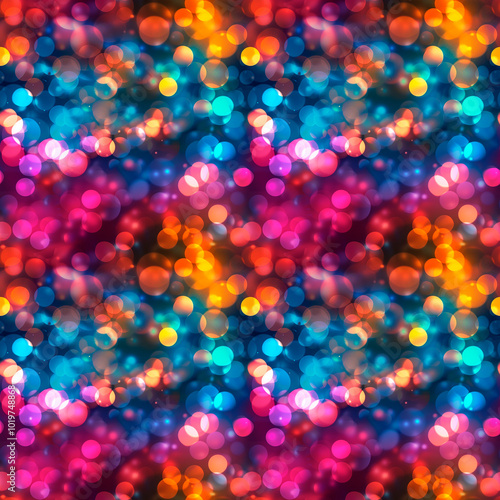 Vibrant seamless background with bokeh effect featuring multicolored circular light patterns in shades of pink, purple, blue and yellow.