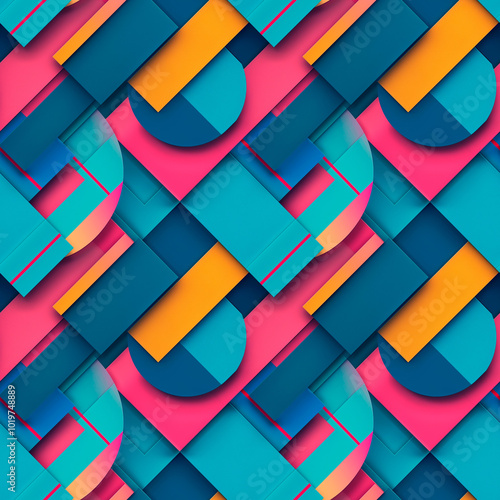 Vibrant geometric abstract pattern with layered shapes in bold colors: turquoise, pink, blue and orange. Dynamic 3D elements. Seamless background