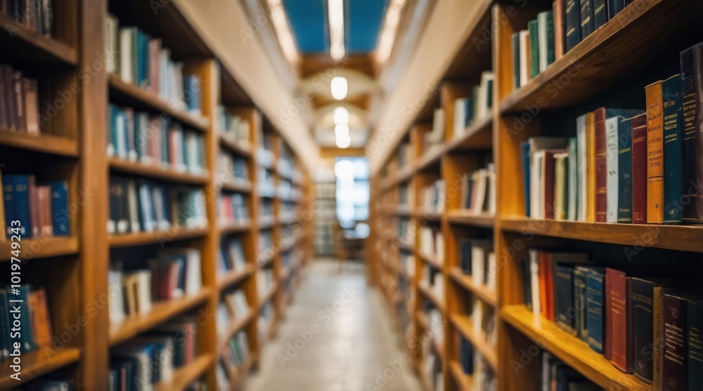Blurred public library bookstore interior space, blurry storage room with bookshelves by defocused effect. Education training concept macro background Blurred public library bookstore interior space, blurry storage room with bookshelves by defocused effect. Education training concept macro background