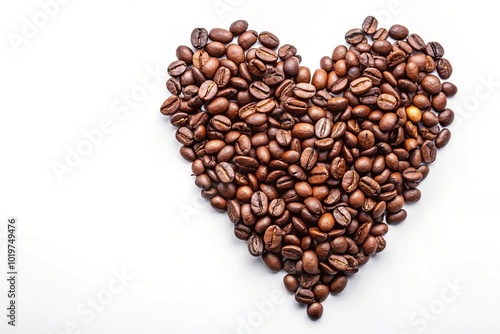 Asymmetrical heart shape made of coffee beans on white background