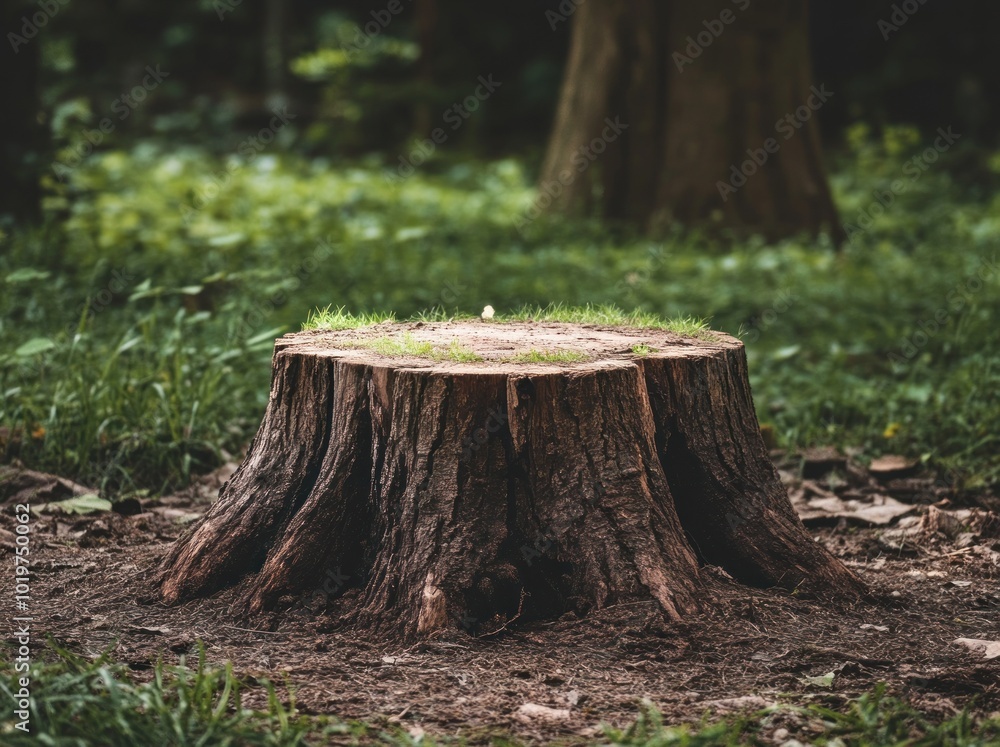 A tree stump surrounded by grass and soil in a serene forest setting. A tree stump surrounded by grass and soil in a serene forest setting.