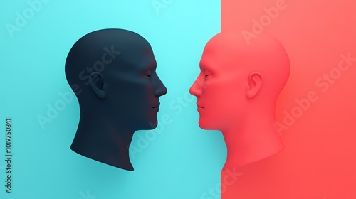 Abstract concept with two faces in profile view, one black, one red, representing duality and contrast on a split-colored background.