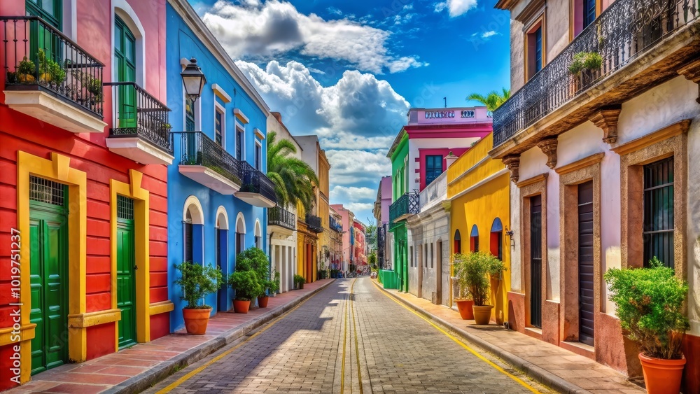 Fototapeta premium Busy and colorful streets of Santo Domingo , Santo Domingo, Dominican Republic, vibrant, urban, city, architecture
