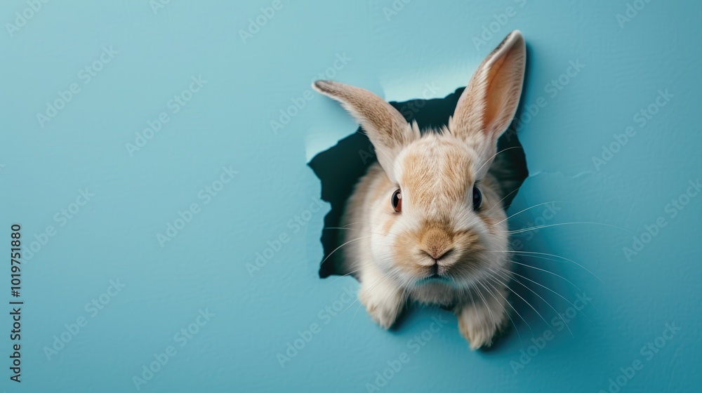 Obraz premium Curious bunny emerging from a hole in a blue wall, cute animal, surprise, curiosity, pet concept