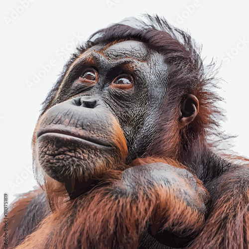 Portrait of a big male orangutan on a white background 