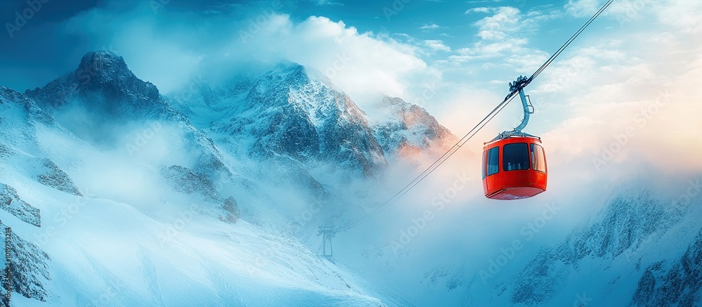 Cable Car Ascending Snowy Mountain Peaks Cable Car Ascending Snowy Mountain Peaks