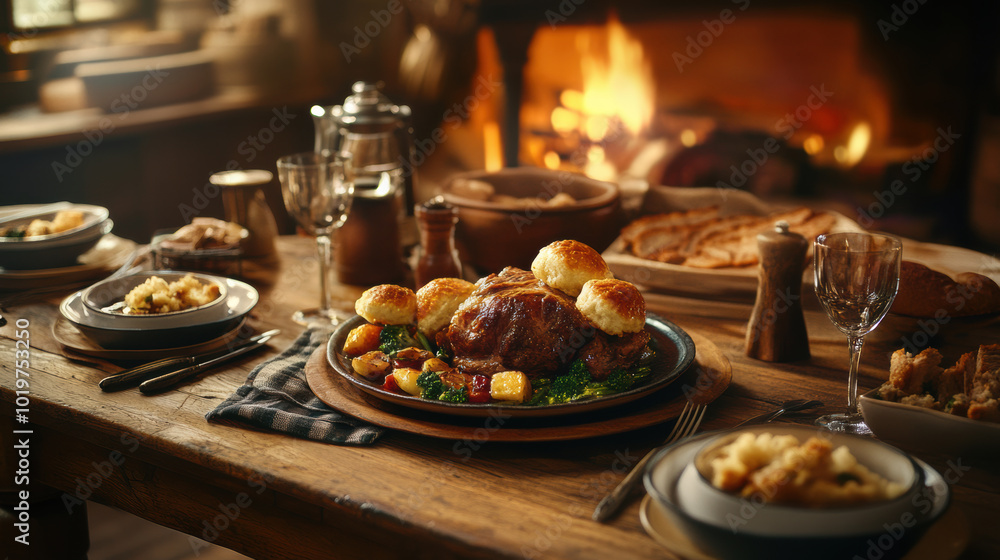 rustic table set with traditional Sunday roast featuring beautifully cooked meat centerpiece, accompanied by golden brown dumplings, roasted vegetables, and hearty sides. warm ambiance of fireplace rustic table set with traditional Sunday roast featuring beautifully cooked meat centerpiece, accompanied by golden brown dumplings, roasted vegetables, and hearty sides. warm ambiance of fireplace