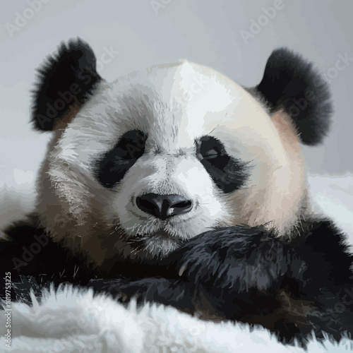 Portrait of a panda bear on a white fur background. 