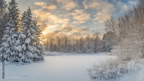 Snowy Forest Landscape with Frozen Lake and Golden Sky at Sunset