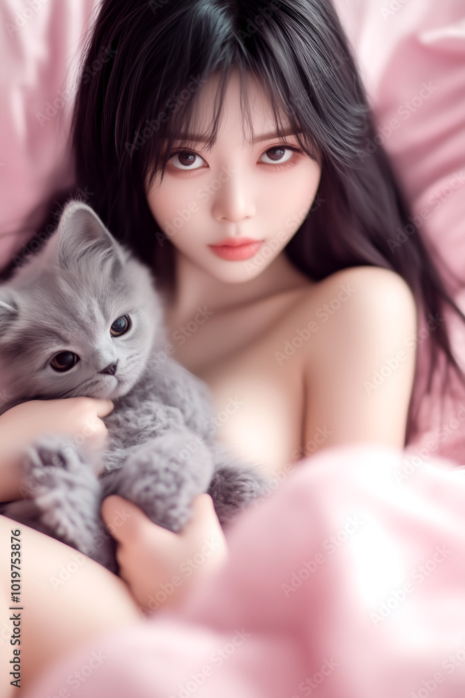 A woman is holding a grey kitten in her arms. The kitten is small and cute, and the woman is posing for a picture. The image has a warm and affectionate mood, as the woman A woman is holding a grey kitten in her arms. The kitten is small and cute, and the woman is posing for a picture. The image has a warm and affectionate mood, as the woman