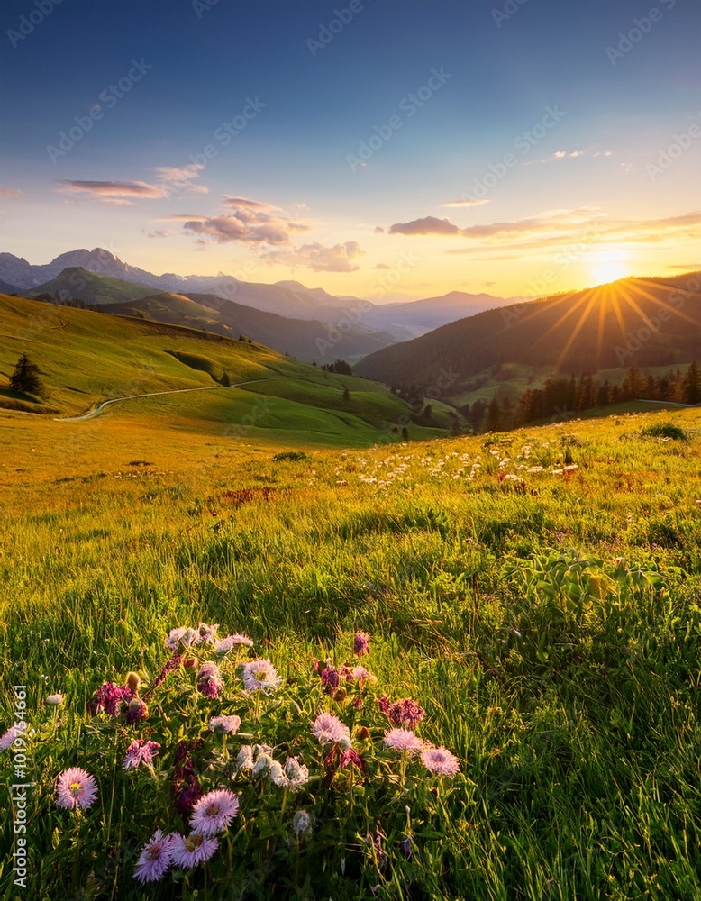 Rolling Green Hills Bathed in Soft Golden Light, With Wildflowers Blooming Across the Meadow and the Majestic Mountains Rising in the Distance Under the Vast Open Sky Rolling Green Hills Bathed in Soft Golden Light, With Wildflowers Blooming Across the Meadow and the Majestic Mountains Rising in the Distance Under the Vast Open Sky