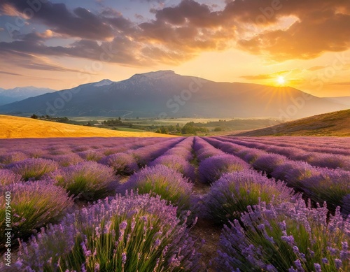 Rolling Fields of Lavender Flowers Stretching Across the Horizon, Framed by a Majestic Mountain Range and a Golden Sunset, Captured for a Vibrant Landscape Scene