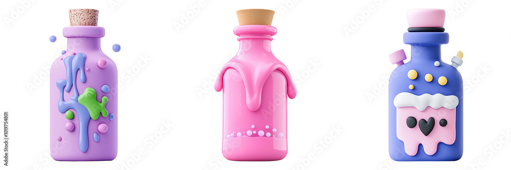 Colorful potion bottles on transparent background