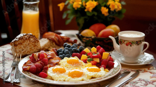 traditional breakfast table featuring scrambled eggs, fresh fruits, and crispy bacon, creating delightful and inviting morning atmosphere