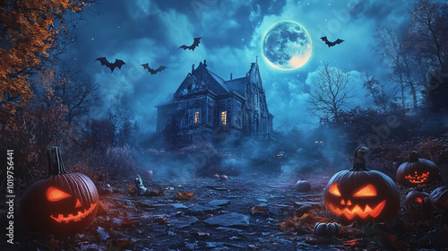 A spooky, dark mansion with pumpkins and bats silhouetted against a full moon. Halloween night scene.