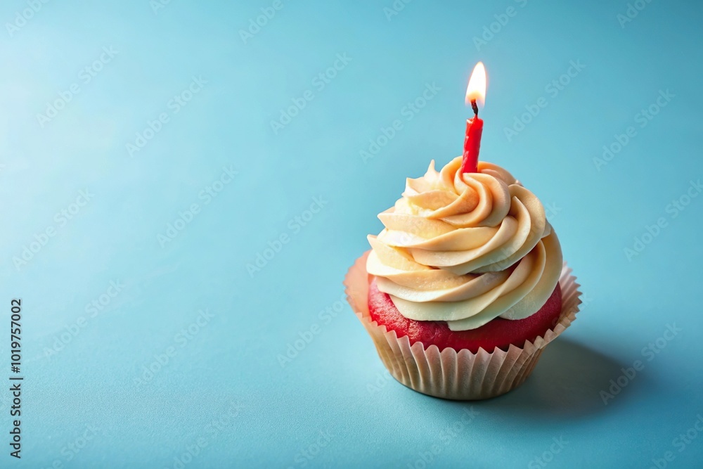 Birthday cupcake with red candle on light blue background from high angle Birthday cupcake with red candle on light blue background from high angle