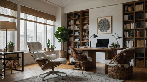 cozy home office with a comfortable chair, surrounded by office and natural light, emphasizing relaxation and productivity.