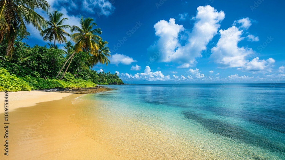 Tropical beach with palm trees, clear blue sky, and turquoise water. Tropical beach with palm trees, clear blue sky, and turquoise water.