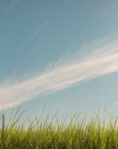 A field of green grass with a clear blue sky in the background. photo