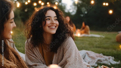 Group of friends enjoying an outdoor, evening picnic with lanterns, soft lighting, in a cozy and serene natural setting. photo