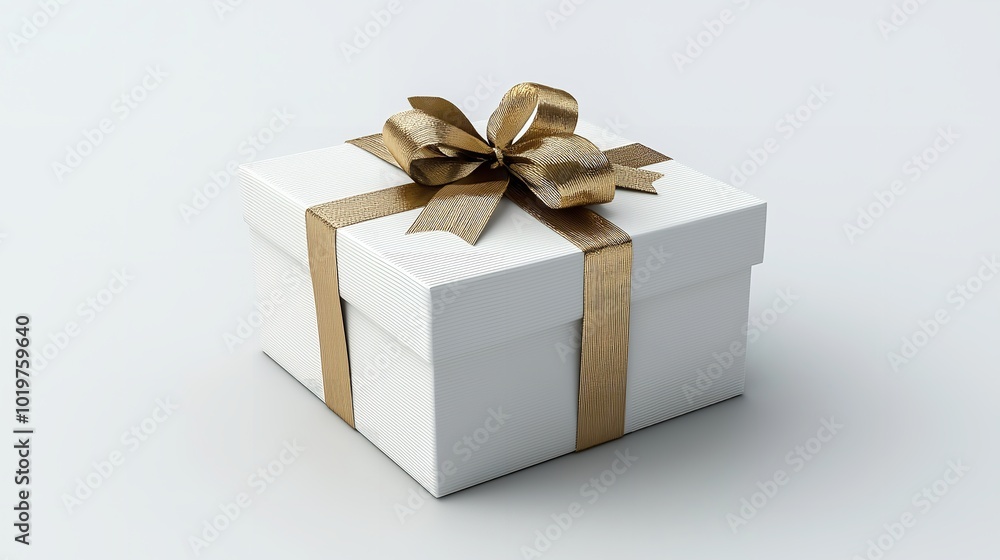 White present box with gold ribbon and bow isolated on grey white background. White present box with gold ribbon and bow isolated on grey white background.
